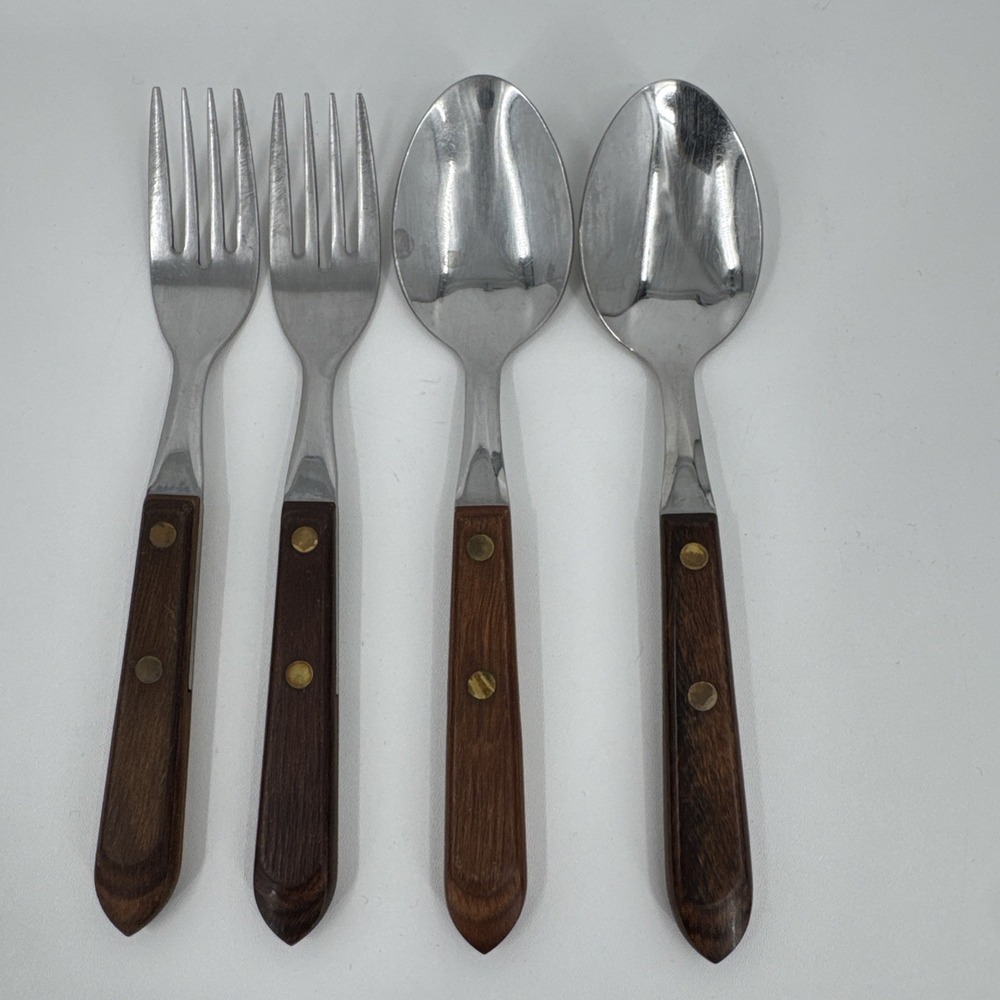 Unbranded Forks/Spoons‎ Wood Handle Stainless Steel 4 Vintage